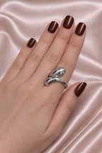 Anti-tarnish silver duo ring stack worn on hand featuring liquid wrap and knot design — adjustable comfort jewellery, band rings for women, statement rings for women.