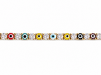 A gold tennis bracelet featuring alternating round-cut clear stones and colorful evil eye charms in red, teal, yellow, light blue, black, and dark purple.