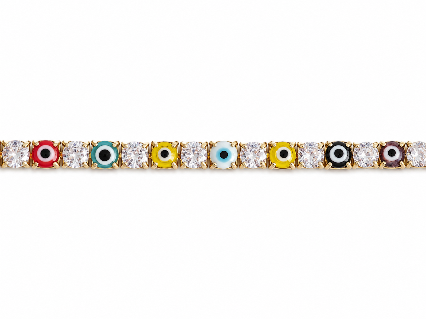 A gold tennis bracelet featuring alternating round-cut clear stones and colorful evil eye charms in red, teal, yellow, light blue, black, and dark purple.