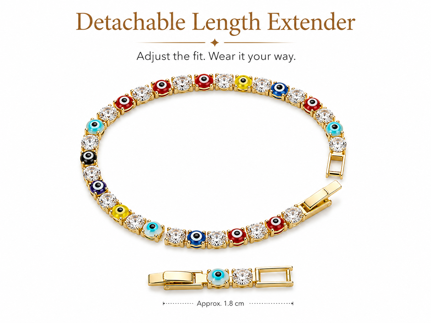 Gold-tone detachable length extender bracelet with colorful evil eye charms and clear rhinestones, shown on a white background with text explaining adjustable fit and a smaller inset of the extender clasp.