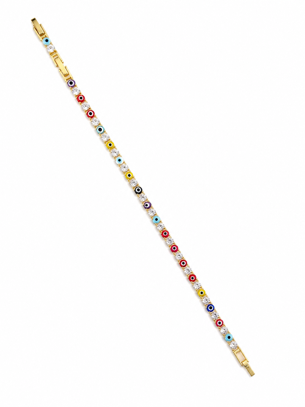 A gold-plated evil eye bracelet featuring multiple colorful circular beads with red, blue, yellow, black, and white details, shown diagonally on a plain white background.