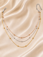 trio necklace for women, layered necklace, tri colour necklace, three tone necklace, stainless steel necklace, anti tarnish necklace, lightweight necklace, everyday necklace, luxury necklace for women, 18KT gold plated necklace, rose gold necklace, silver necklace, beaded necklace, demi fine jewellery, comfort jewellery, Ashaarya necklace